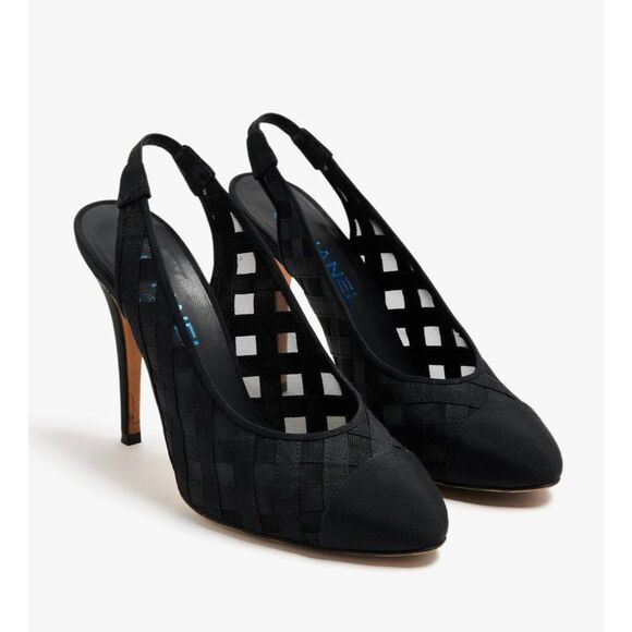 CHANEL Black Diamond Pattern Mesh CC Logo Cap Toe Slingback Sandals Size… - Picture 4 of 16